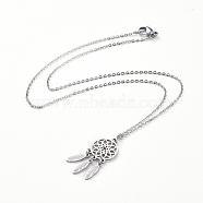 304 Stainless Steel Pendant Necklaces, with Cable Chains, Lobster Claw Clasps and Cardboard Boxes, Woven Net/Web with Feather, Stainless Steel Color, 17.13 inch(43.5cm)(NJEW-JN02554)