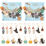 Halloween Theme Alloy Enamel Pendant Stitch Markers, Crochet Leverback Hoop Charms, Locking Stitch Marker with Wine Glass Charm Ring, Pumpkin/House/Cat & Skull, Mixed Color, 2.3~3.6cm, 8 style, 2pcs/style, 16pcs/set(HJEW-AB00230)