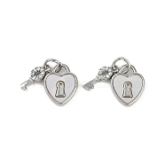 Brass Pave Natural Shell Heart Lock Charms, Clear Cubic Zirconia Key Charms with Jump Rings, Platinum, 12mm, Hole: 3mm(KK-Z078-21P)