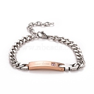 Rectangle with Word True Love Link Bracelet with Rhinestone, Vacuum Plating 304 Stainless Steel Jewelry for Men Women, Rose Gold & Stainless Steel Color, 7-5/8 inch(19.4cm)(STAS-E160-31RGP)