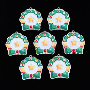 Spray Painted Brass Pendants, with Printed, for Christmas, Bowknot with Star, Sea Green, 30x28x0.4mm, Hole: 1.8mm(KK-Q281-012)
