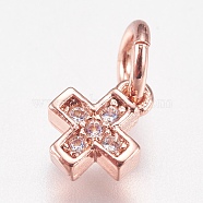 Brass Micro Pave Cubic Zirconia Tiny Cross Charms, Rose Gold, 6.5x5x1.8mm, Hole: 3.5mm(ZIRC-E147-61RG)