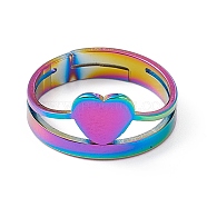Ion Plating(IP) 201 Stainless Steel Heart Adjustable Ring for Women, Rainbow Color, US Size 6 1/4(16.7mm)(RJEW-K238-04M)