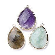 Faceted Natural Gemstone Pendants, with Light Gold Plated Brass Edge and Loop, Teardrop, 28.5~29.5x19~20x7mm, Hole: 1.2mm(G-M356-B-LG)
