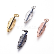Brass Micro Pave Cubic Zirconia Pendants, with Jump Rings, Feather, Blue, Mixed Color, 22x7x3.5mm, Hole: 3mm(ZIRC-I032-23)