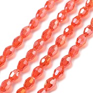 Transparent Electroplate Glass Beads Strands, Faceted, Oval, Orange Red, 8.5x5.5mm, Hole: 1.2mm, about 70pcs/strand, 20.87~23.23''(53~59cm)(EGLA-A037-T6x8mm-B09)