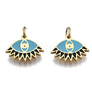 316 Surgical Stainless Steel Enamel Charms, with Jump Rings, Eye, Sky Blue and Black, Real 14K Gold Plated, 9x11.5x1mm, Jump Ring: 3.8x0.6mm, 2.6mm inner diameter(STAS-S116-399G)
