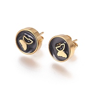 Golden Tone 304 Stainless Steel Stud Earrings, with Enamel, Flat Round with Butterfly, Black, 13.5x10x3.5mm, Pin: 0.7mm(EJEW-L222-04G)