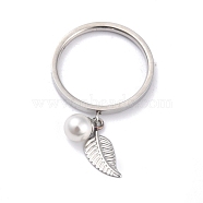 Dual-use Items, 304 Stainless Steel Finger Rings or Pendants, with Plastic Round Beads, Leaf, White, Stainless Steel Color, US Size 7(17.3mm)(RJEW-O045-14C-P)