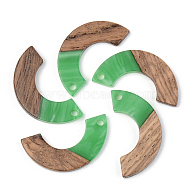 Opaque Resin & Walnut Wood Pendants, Arc, Green, 28x14x3mm, Hole: 2mm(RESI-S389-007A-C03)