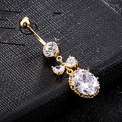 Piercing Jewelry, Brass Cubic Zirconia Navel Ring, Belly Rings, with Use Stainless Steel Findings, Cadmium Free & Lead Free, Real 18K Gold Plated, Oval, Clear, 46x12mm, Pin: 1.5mm(AJEW-EE0003-43)