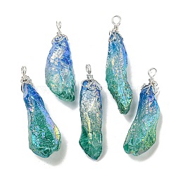 Electroplated Raw Rough Natural Quartz Crystal Big Pendants, Nuggets Charms with Copper Wire Loops, Silver, Teal, 40~48x13~23x10~20mm, Hole: 4.5~5mm(G-A229-02P-03)