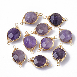 Natural Amethyst Links connectors, Wire Wrapped Links, with Golden Tone Brass Wires, Faceted, Flat Round, 17~21x9~11x5~7mm, Hole: 1.2~1.5mm(G-S359-043A)