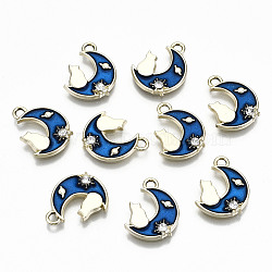 Alloy Enamel Pendants, with Rhinestone with Glitter Powder, Cadmium Free & Lead Free, Moon with Cat, Light Gold, Blue, 15x11.5x2.5mm, Hole: 1.6mm(ENAM-S126-006-RS)