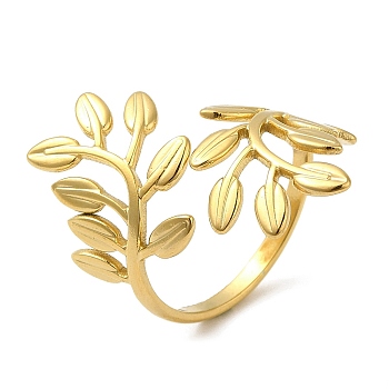 304 Stainless Steel Open Cuff Rings, Leafy Branch, Golden, US Size 8(18.1mm)