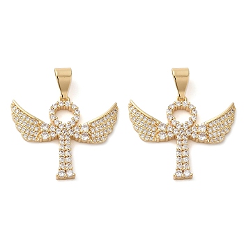 Brass Micro Pave Cubic Zirconia Pendants, Long-Lasting Plated, Wing Charm, Golden, 27.5x32.5x3.5mm, Hole: 8.7x4.4mm