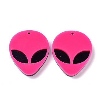 Opaque Acrylic Pendants, Alien Face, Deep Pink, 35.5x29.5x4mm, Hole: 1.8mm