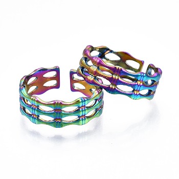 304 Stainless Steel Bamboo Shape Cuff Ring, Rainbow Color Open Ring for Women, US Size 6 1/2(16.9mm)