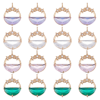 AHADERMAKER 16Pcs 4 Colors Glass Pendants, with Brass Micro Pave Cubic Zirconia Findings, Faceted, Flat Round with Star, Light Gold, Mixed Color, 21.5x15.5x5.5mm, Hole: 1.2mm, 4pcs/color