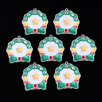 Spray Painted Brass Pendants, with Printed, for Christmas, Bowknot with Star, Sea Green, 30x28x0.4mm, Hole: 1.8mm
