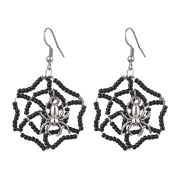 Handmade Seed Beads Dangle Earrings, with Alloy Pendants, Halloween Spider Web, Black, 54x31~32mm