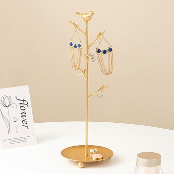 Bird Iron Jewelry Display Stand with Tray, Jewelry Tree for Rings, Earrings, Bracelets, Glasses Storage, Golden, 12x34cm