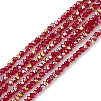 Transparent Electroplate Glass Beads Strands, Faceted, Rondelle, AB Color Plated, Red, 4~4.5x3~3.5mm, Hole: 0.8mm, about 150~152pcs/strand, 17.91~19.69 inch(45.5~50cm)