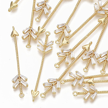 Brass Micro Pave Cubic Zirconia Links connectors, Nickel Free, Arrow, Clear, Real 18K Gold Plated, 41x8x3mm, Hole: 1.2mm