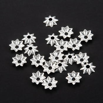 Multi-Petal Brass Bead Caps, Long-Lasting Plated, Rack Plating, Flower, Silver, 5x1mm, Hole: 1mm