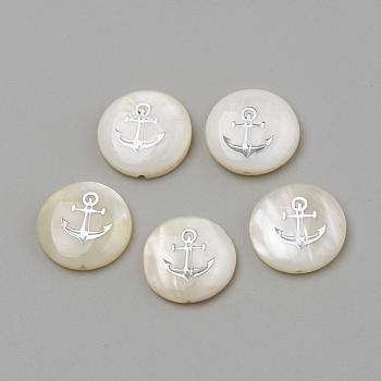 Natural Freshwater Shell Beads, Flat Round & Anchor, Platinum, 15x4mm, Hole: 1mm