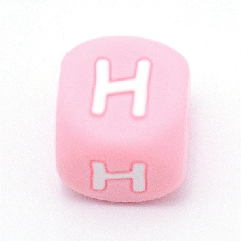 Silicone Alphabet Beads for Bracelet or Necklace Making, Letter Style, Pink Cube, Letter.H, 12x12x12mm, Hole: 3mm