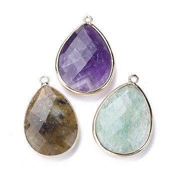 Faceted Natural Gemstone Pendants, with Light Gold Plated Brass Edge and Loop, Teardrop, 28.5~29.5x19~20x7mm, Hole: 1.2mm