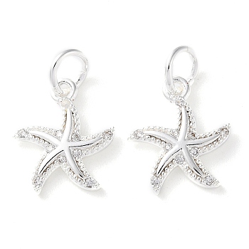 Rack Plating Brass Micro Pave Clear Cubic Zirconia Charms, Long-Lasting Plated, with Jump Rings, Starfish, Silver, 14x12x2mm