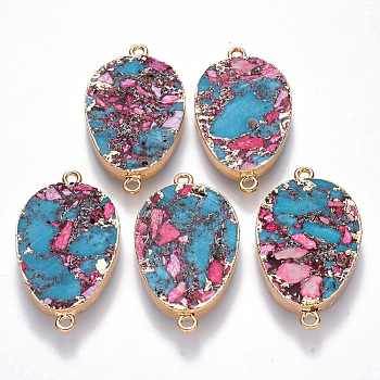 Synthetic Imperial Jasper Links connectors, with Light Gold Plated Brass Edge and Iron Loops, Teardrop, Hot Pink, 45x25~26x5.5mm, Hole: 2mm