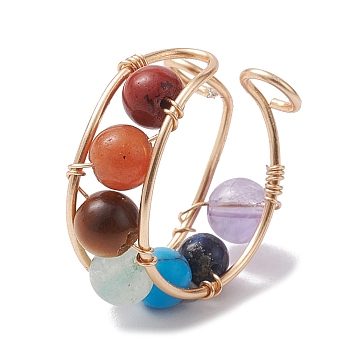 Chakra Theme Natural & Synthetic Mixed Gemstone Cuff Earrings, Copper Wire Non Piercing Earrings, Golden, 17.5x9x20mm