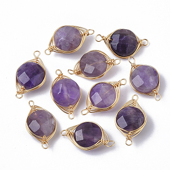 Natural Amethyst Links connectors, Wire Wrapped Links, with Golden Tone Brass Wires, Faceted, Flat Round, 17~21x9~11x5~7mm, Hole: 1.2~1.5mm