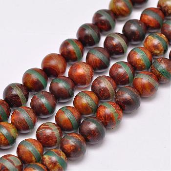 Tibetan Style Striped Pattern dZi Beads Strands, Natural & Dyed Agate Beads,  Matte Style, Round, 10mm, Hole: 1.5mm, about 19pcs/strand, 8 inch