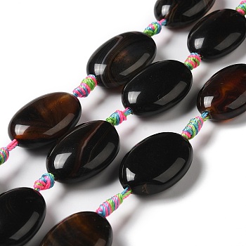 Natural Agate Beads Strands, Dyed & Heated, Flat Oval, Black, 23.5~25x16.5~18.5x9~10mm, Hole: 2mm, about 13pcs/strand, 18.11''(46cm)