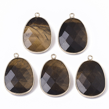 Natural Tiger Eye Pendants, with Golden Plated Edge Brass Findings, Nickel Free, Faceted, Oval, 25~26x17~18x5mm, Hole: 1.4mm