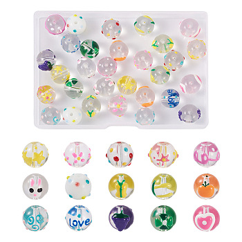 30Pcs 15 Style Transparent Glass Enamel Beads, Round, Mixed Color, 13.5~14x12~12.5x11.5mm, Hole: 1.6~2mm, 2Pcs/style