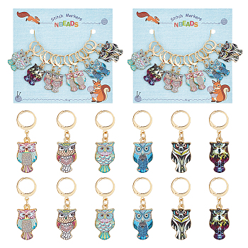 Alloy Enamel Owl Pendant Locking Stitch Markers, 304 Stainless Steel Leverback Earring Stitch Marker, Mixed Color, 3.9cm, 6 color, 2pcs/color, 12pcs/set