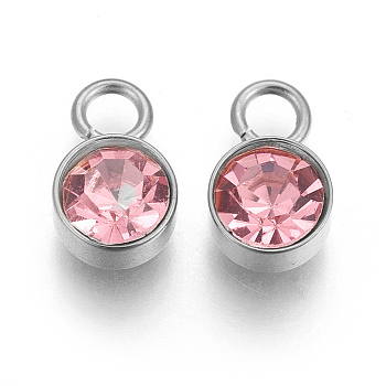 Glass Rhinestone Charms, Birthstone Charms, with Stainless Steel Color Tone 201 Stainless Steel Findings, Flat Round, Light Rose, 10x6x5mm, Hole: 2mm