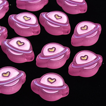 Transparent Acrylic Beads, with Enamel, Frosted, Planet, Hot Pink, 19x26x9mm, Hole: 3mm