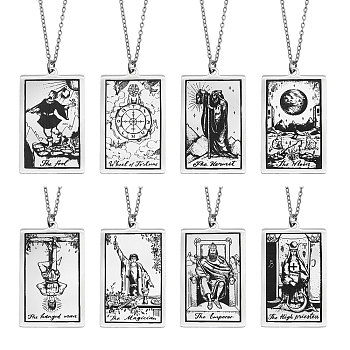 8Pcs 8 Style 201 Stainless Steel Tarot Card Pendant Necklace with 304 Stainless Steel Chains, Stainless Steel Color, 17.80 inch(45.2cm), 1Pc/style
