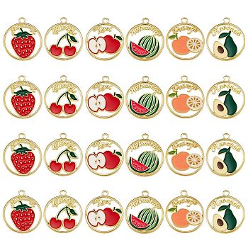 48Pcs 6 Style Alloy Enamel Pendants, Cadmium Free & Nickel Free & Lead Free, Light Gold, Ring with Word and Mixed Fruits, Mixed Color, 24.5x22x1.5mm, Hole: 2mm, 8pcs/style