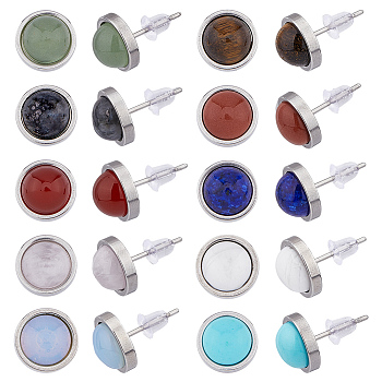 10 Pairs 10 Style Natural & Synthetic Mixed Gemstone Flat Round Stud Earrings, 304 Stainless Steel Jewelry for Women, 10.5mm, Pin: 0.8mm, 1 Pair/style
