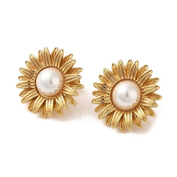 Flower 304 Stainless Steel Stud Earrings, Plastic Imitation Pearl Earrings for Women, Golden, 24x24mm