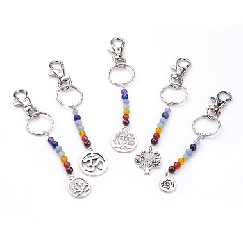 Tibetan Style Alloy Keychain, with Natural Gemstone Beads, Iron Key Rings and Alloy Swivel Lobster Claw Clasps, Mixed Color, 130~143mm