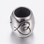 304 Stainless Steel European Beads, Large Hole Beads, Barrel with Heart and Flower, Antique Silver, 8x8mm, Hole: 5mm(STAS-P173-089AS)