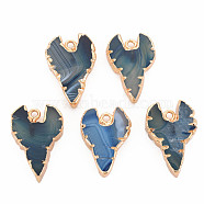 Natural Agate Pendants, with Light Gold Plated Iron Findings, Dyed & Heated, Heart, Dark Slate Blue, 27.5~31x20~21x5~6.5mm, Hole: 2mm(G-N326-122A)